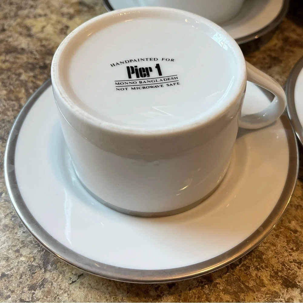 Pier 1 Monno Bangladesh Elegant White and Silver Tea Cups and Saucers Set of 6